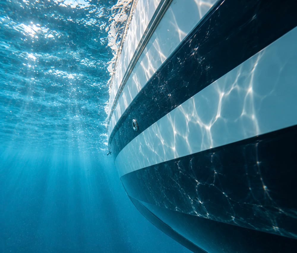 Coque propre vue sous l'eau, traversée par la lumière de la surface