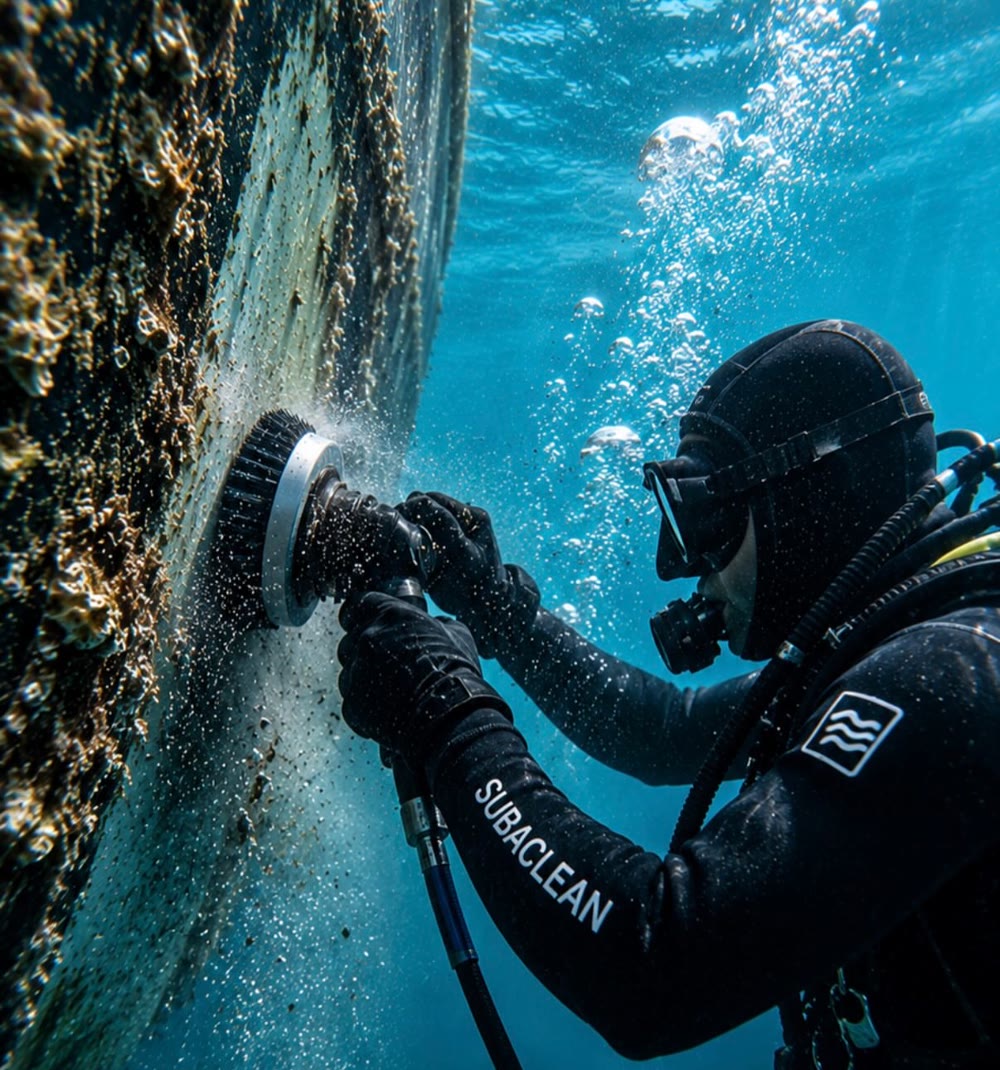 Plongeur Subaclean brossant une coque encrassée sous l'eau